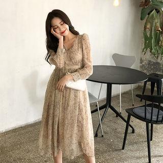 Tie-waist Floral Print Chiffon Dress Beige - One Size
