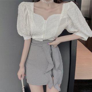 Puff-sleeve Square-neck Cropped Top / Plaid Zip-up Mini A-line Skirt