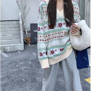 Long-sleeve V-neck Printed Knit  Sweater Almond - One Size