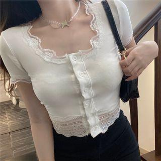 Lace-trim Button-up Cropped Top
