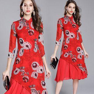 3/4-sleeve Chiffon A-line Midi Qipao Dress