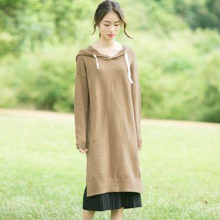 Slit-hem Knit Hooded Long Pullover
