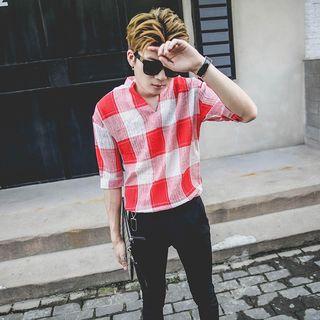 Plaid Elbow Sleeve Split Neck Shirt