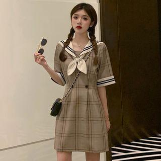 Elbow-sleeve Striped Trim Wide Collar Plaid A-line Dress