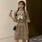 Elbow-sleeve Striped Trim Wide Collar Plaid A-line Dress