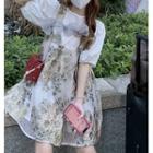 Short-sleeve Plain Top / Sleeveless Floral Embroidered Mini Dress