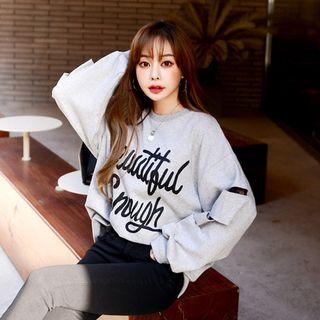 Lace-detail Slit-sleeve Lettering Sweatshirt