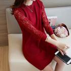 Perforated Lace Trim 3/4 Sleeve Knit Dress