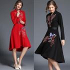 Long Sleeve V-neck Embroidered Wrap A-line Dress