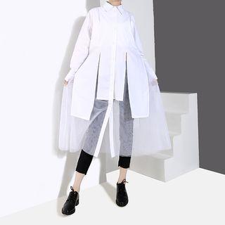 Long-sleeve Mesh Paneled Midi Shirt Dress