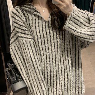 Long-sleeve Striped Cable Knit Sweater Gray - One Size