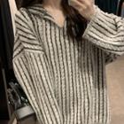 Long-sleeve Striped Cable Knit Sweater Gray - One Size
