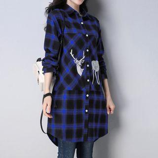 Embroidered Long Plaid Shirt