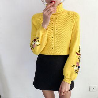Floral Embroidered Turtleneck Sweater