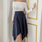 Long-sleeve Off-shoulder Top / Satin A-line Skirt