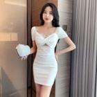 Short-sleeve V-neck Lace Trim Mini Bodycon Dress