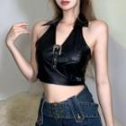 Halter Neck Collar Faux Leather Crop Tank Top