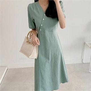 Button-side Linen Blend Long Dress