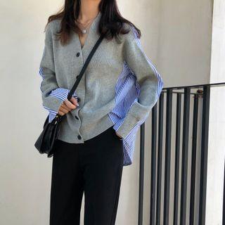 Mock Two-piece Striped Cardigan Light Gray - One Size