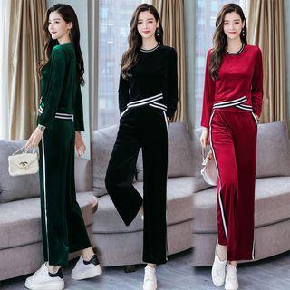 Set: Contrast Trim Pullover + Wide Leg Pants