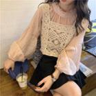 Balloon-sleeve Blouse / Wide Strap Pointelle Knit Top