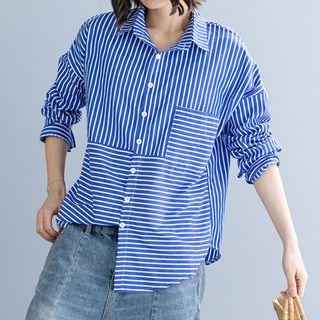 Printed Short-sleeve T-shirt Dress Stripes - Blue & White - One Size
