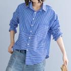 Printed Short-sleeve T-shirt Dress Stripes - Blue & White - One Size