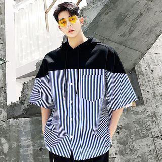 Short-sleeve Hooded Panel Striped Top