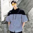 Short-sleeve Hooded Panel Striped Top