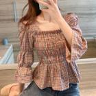 Square Neck Plaid Long-sleeve Top