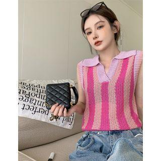 Sleeveless V-neck Striped Color-block Knit Top