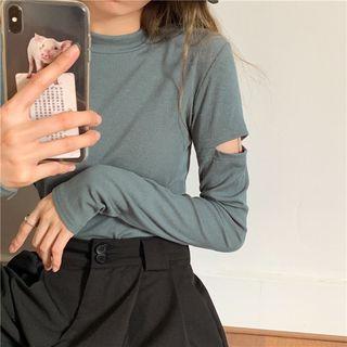 Long-sleeve Mock-neck Cutout T-shirt