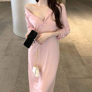 Long-sleeve Hooded Henley Maxi T-shirt Dress