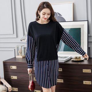 Striped Panel Long-sleeve Shirt Dress