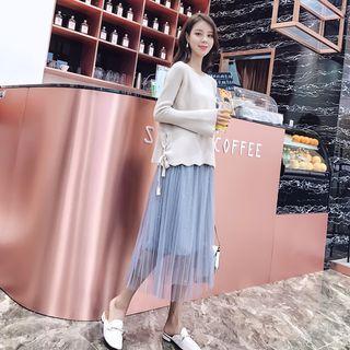 Lace-up Sweater / Sequined Midi Mesh Skirt / Set