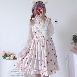 Bell-sleeve Chiffon Blouse / Sleeveless Rabbit Print A-line Dress / Set