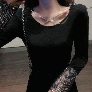 Long-sleeve Rhinestone T-shirt / Skirt / Set