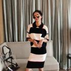 Color-block Short-sleeve Knit Top & Skirt Set Black - One Size
