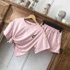 Set: Elbow-sleeve Embroidered Letter T-shirt + Wide-leg Shorts