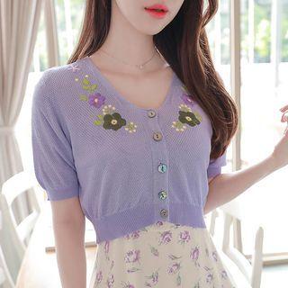 V-neck Flower-embroidered Cropped Cardigan