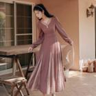 Lace Trim Long-sleeve A-line Maxi Godet Dress