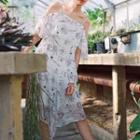 Short-sleeve Cold-shoulder Print A-line Dress