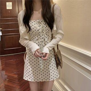 Ruffle Cropped Cardigan / Spaghetti Strap Dotted Mini A-line Dress