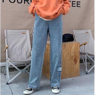 Patchwork Straight-fit Pants Blue - One Size