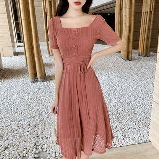 Square Neck Short-sleeve Midi Dress