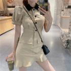 Puff-sleeve Contrast Collar Sheath Dress