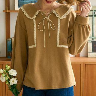 Collared Lace Trim Blouse Dark Khaki - One Size
