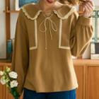 Collared Lace Trim Blouse Dark Khaki - One Size