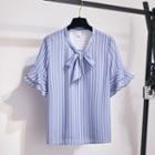 Elbow-sleeve Ruffled Striped Top