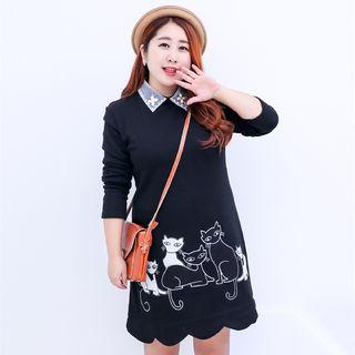 Embellished Collar Cat Applique Long-sleeve Dress